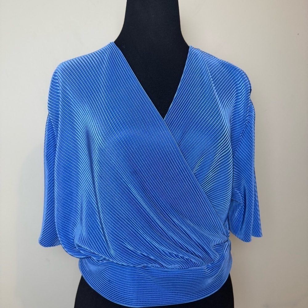Ellison Blue Wrap Fitted 3/4 Sleeve Blouse - Picture 2 of 11